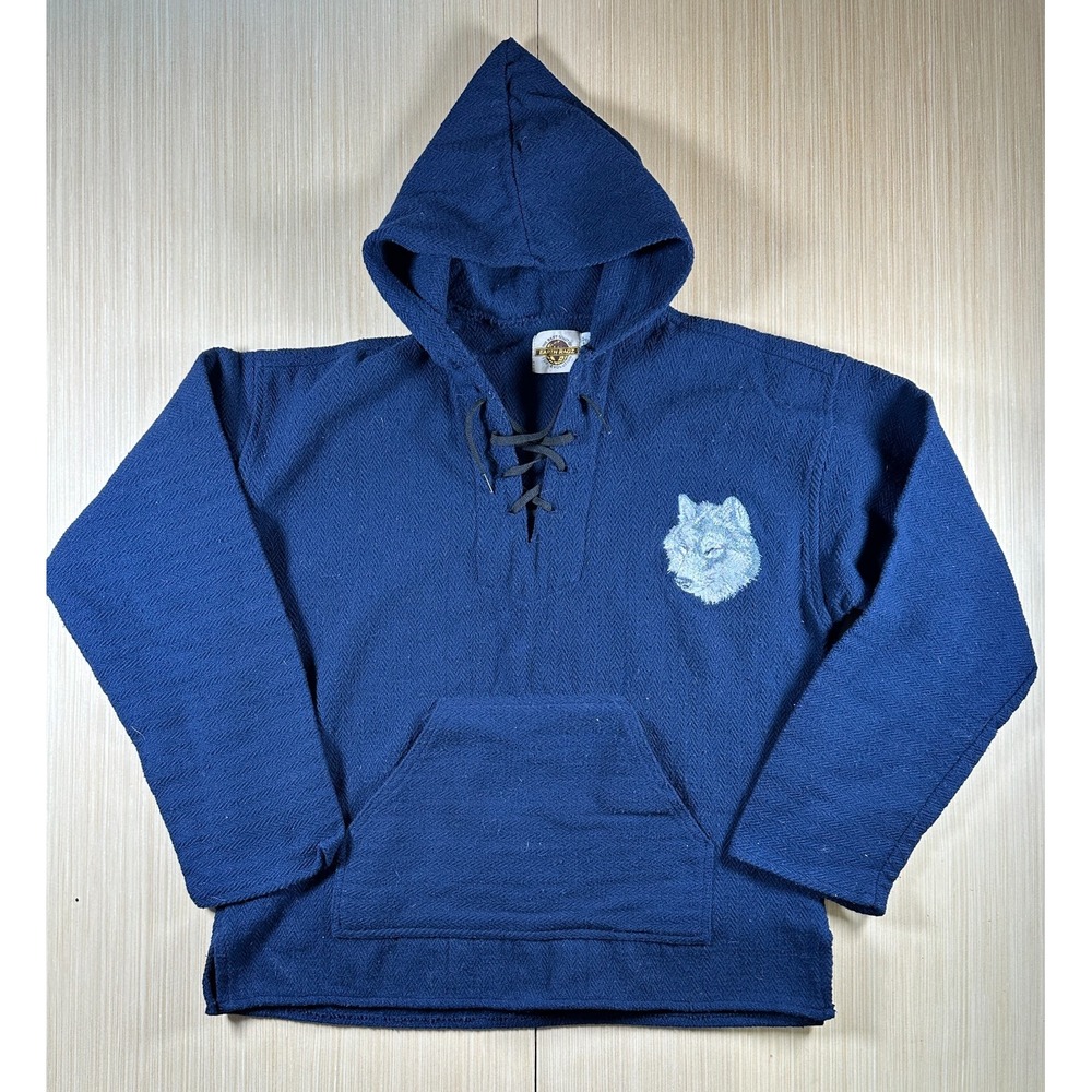 Vintage Earth Ragz Hoodie Mens XL Blue Herringbone Cotton Embroidered Wolf Patch